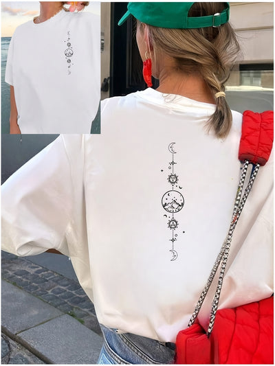 Women's Black & White Celestial Print Short Sleeve T-Shirt - Front & Back Moon & Stars Graphic, Medium Stretch Round Neck Casual Top, Machine Washable All-Season Comfort Fit, Everyday Top | Stylish Back Print | Quality Casual