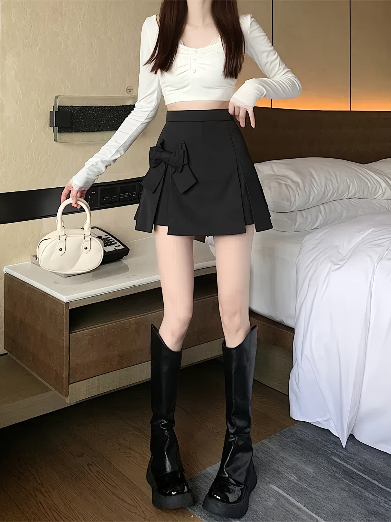 Women's Fashion Skirt with Bowknot Detail, Polyester, Korean Style, Solid Color, All-Season, Woven Fabric, Series Line