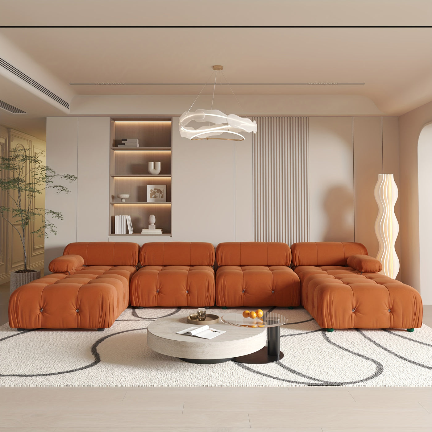 U-Shaped Minimalist Velvet Sofas, 138.6" Convertible Modular Sectional Couch, Modern Comfy Sectional Couches with 2 Chaise Ottomans for Living Room Office Apartment