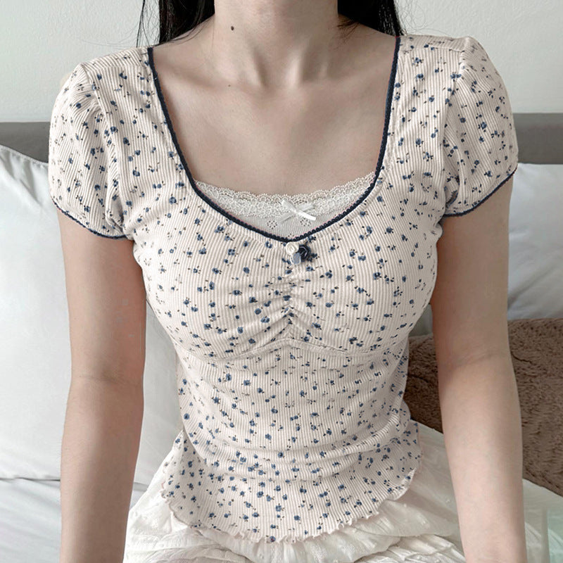 Lace Stitching Square Collar Pleated Bow Short Sleeve T-shirt