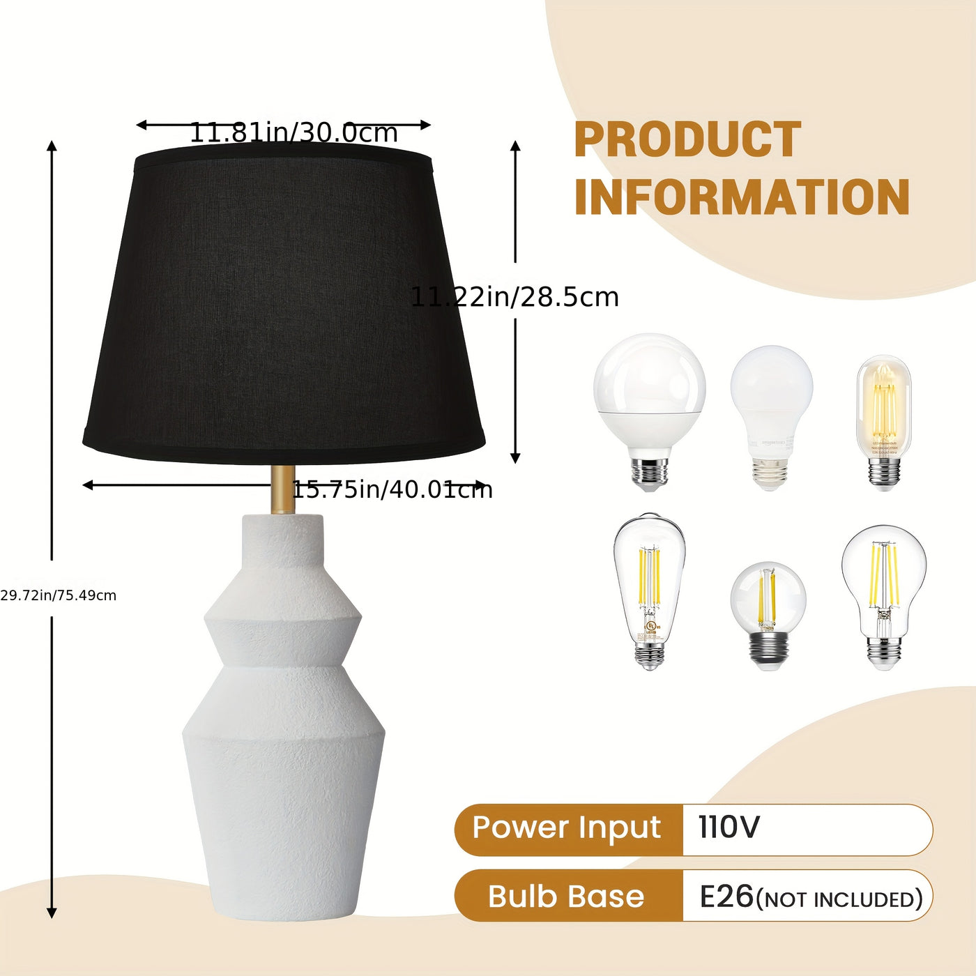 Modern Farmhouse Table Lamp with White Cement Base & Black Linen Shade - Rustic Single Bedside Lamp with Switch, Sturdy for Bedroom, Living Room, Office - Compatible with E27 (Bulb Not Included) - Ideal Housewarming Gift, Min