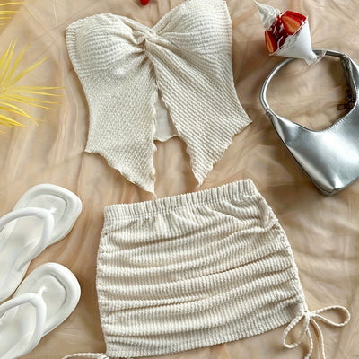 Solid Color Twist Strap Top and Side Drawstring Mini Skirt Set