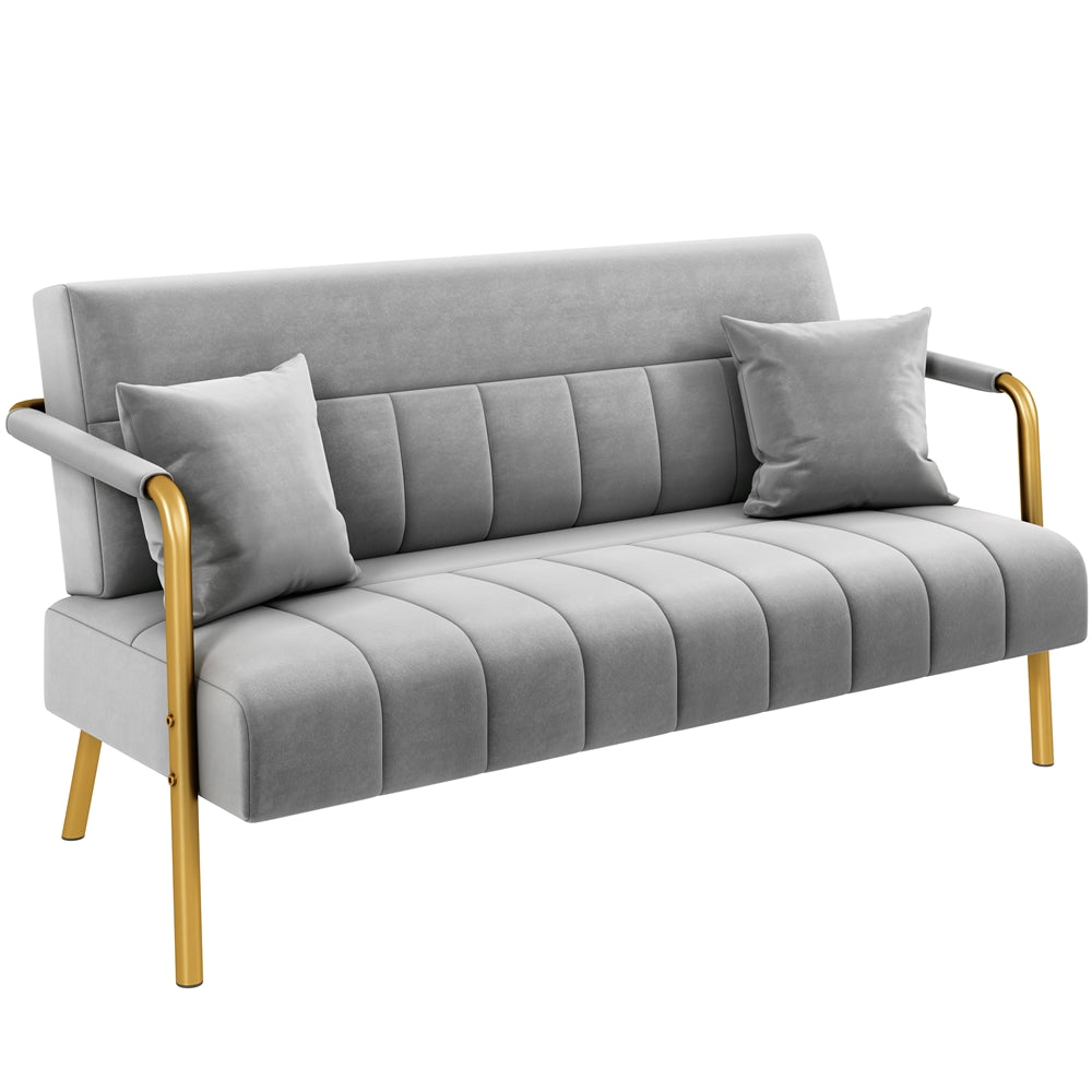 Costoffs Velvet Fabric Sofa Couch, 56.5″ W Modern Loveseat Couch with Gold-tone Metal Arms, Legs & 2 Pillows, Sofa for Living Room, Bedroom Furniture, Halloween Gift, Pink/Green/Gray