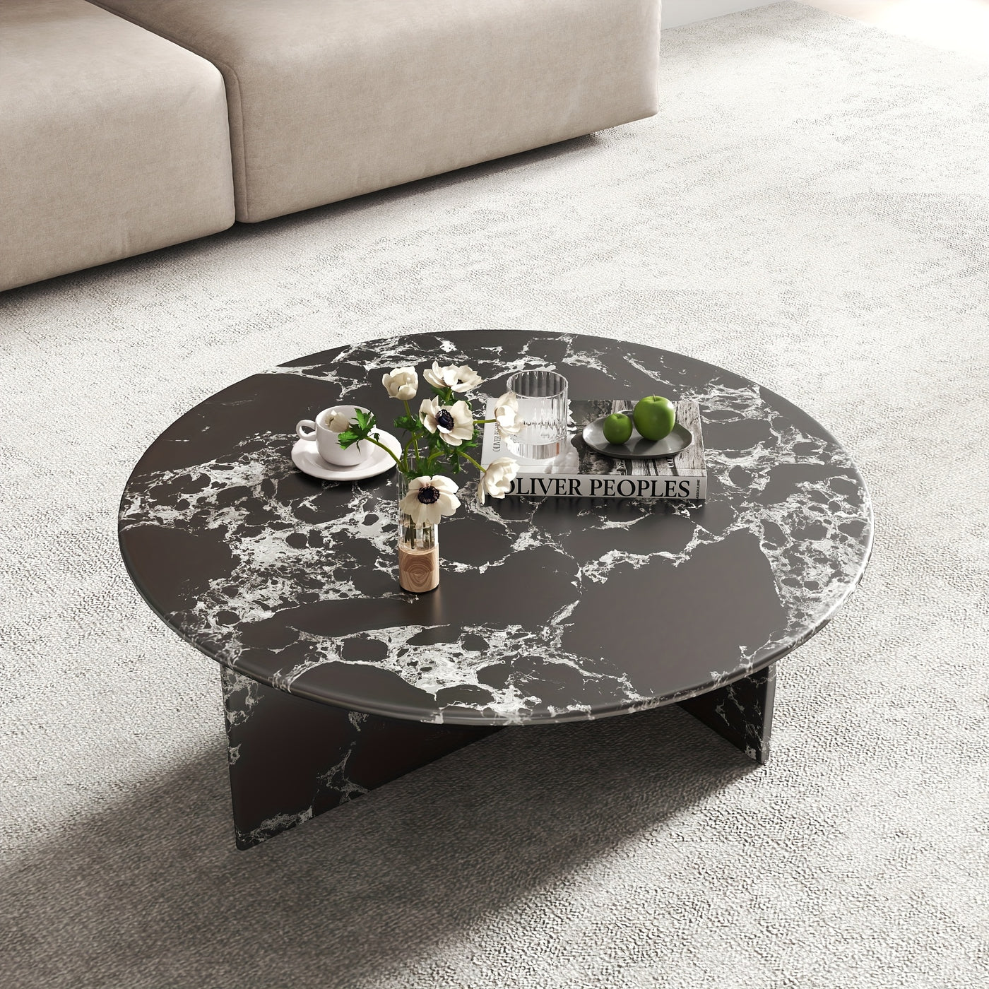 33.5" Marble Round Coffee Tables For Living Room, Center Table For Waiting Area, Space-Saving Coffee Table For Living Room