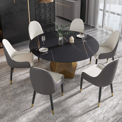 Round Dining Table(Chairs Not Included) - Marble Dining Room Table Round Kitchen Table For 6 To 8, Glossy Sintered Stone Tabletop With Solid Metal Diamond Shape Base, Circle Dining Table For Kitchen