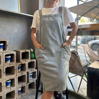 1pc Japanese Korean Style Pure Cotton Canvas Denim Apron, Washable Kitchen Bib, Workwear, Kitchen Apron With Front Pockets, Kitchen Supplies