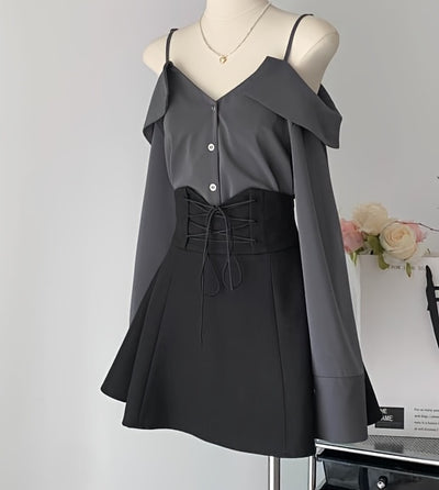 Women Summer Outfits Y2k Streetwear Off The Shoulder Ruffles Patchwork Tops+high Waist Lace Up Bandage A-line Skirts Set for Women Cute Slash Neck Two Pieces Sets Female Clothing