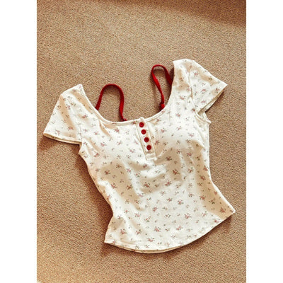 Pure Desire Floral Square Collar Shoulder Short-sleeved T-shirt Women's Summer With Chest Pad