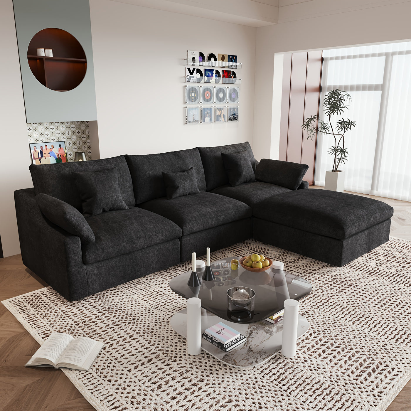 Modern Modular Sectional Sofa with Chaise Ottoman - L-Shaped 119.29" Large Couch, Black Linen Fabric, Washable Removable Cushions & Adjustable Backrest Pillows, Deep Seat Sofa for Living Room, Open-Concept Spaces, Frame, Modu