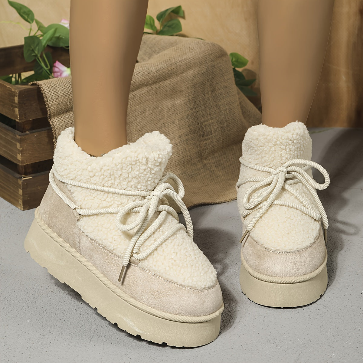 [Coldweather Ready] Women's Cozy Fleece-Lined Winter Snow Boots - Stylish Thick Sole Lace-Up Ankle Boots with Fluffy Fur Trim, Perfect for Cold Weather, Winter Boots