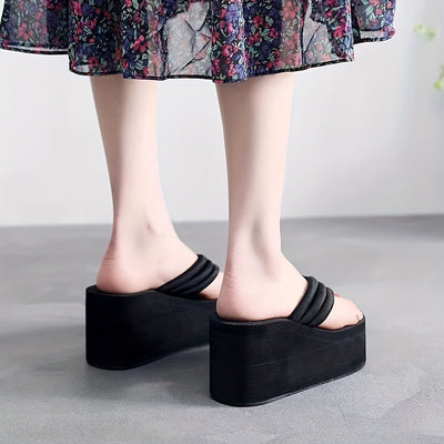 Women's Wedge Flip Flops, Fashionable Black Platform Heeled Slide Shoes, Summer Outdoor Beach Slides