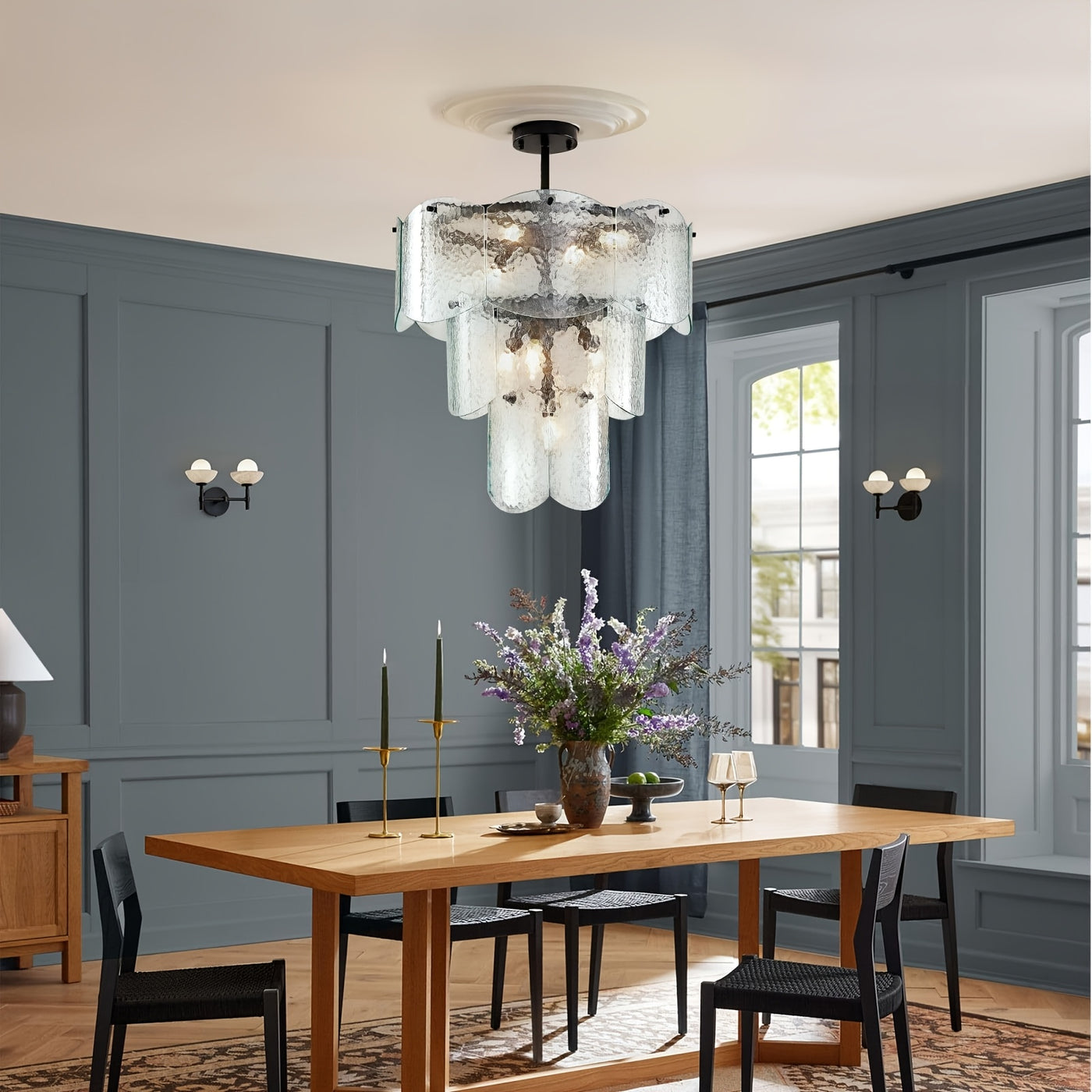 24" Modern Golden Chandelier with 8 Light Bulbs - Adjustable Round Glass Pendant for Dining Room, Kitchen Island, or Farmhouse Decor, Rustic Lighting Fixture with Polished Metal Finish, E12 Base, Compatible with LED/CFL Bulbs
