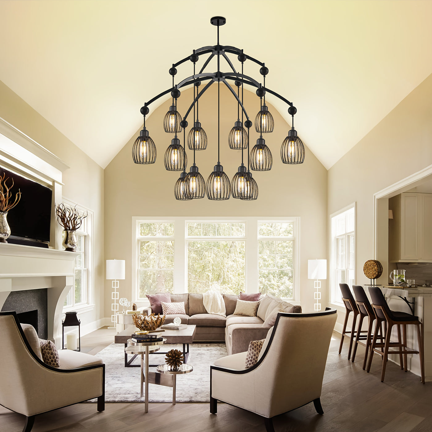 5/7/13-Light Modern Industrial chandelier - Matte Black linear pendant light with Adjustable height, Semi-Flush mounting, Heavy-Duty Metal Construction for Kitchen Island, Dining Room, Living Room, Bedroom - Compatible with d