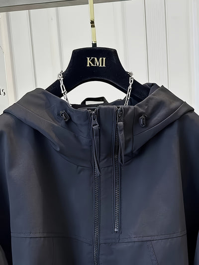 Women'S Casual Hooded Jacket with Double Zipper Front, Loose Fit, Long Sleeves, Solid Color, Non-Stretch Fabric, Drop Shoulder Design, Perfect for Spring/Summer/Fall, Autumn Casual Wear | Relaxed Fit Jacket | Nonstretch Fabri