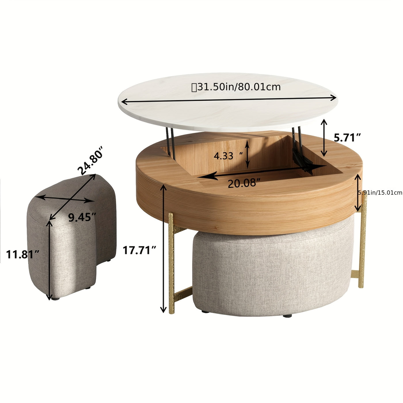 Modern Lift-Top Coffee Table with Storage & Stools - Adjustable Height, Faux Marble Top, Wooden Base, Space-Saving Design for Living Room or Office, Coffee Table for Living Room, Office Furniture, Contemporary Furniture, Eleg