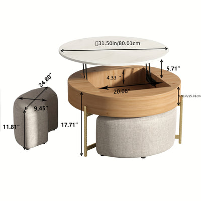 Modern Lift-Top Coffee Table with Storage & Stools - Adjustable Height, Faux Marble Top, Wooden Base, Space-Saving Design for Living Room or Office, Coffee Table for Living Room, Office Furniture, Contemporary Furniture, Eleg