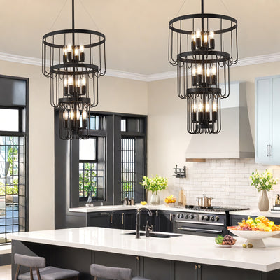 18 Inch Farmhouse Chandelier - 12-Light Adjustable Tiered Pendant Light Fixture, Black & Golden Modern Rust-Resistant Metal Lantern for Entryway, Staircase, Foyer, Dining Room - Semi-Flush Mount, E12 Bulb Compatible (Bulbs No