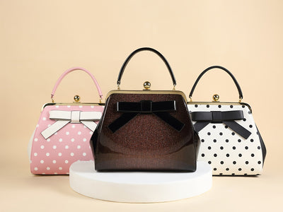 [Elegant Handbag] High Quality Lacquered Handbag | 2024 Autumn New Korean Polka Dot for Women - Kiss Lock Closure, Removable Shoulder Strap & Bow Detail, Glossy Patent Look (Black/White, Bronze, Pink & White) - Perfect for We