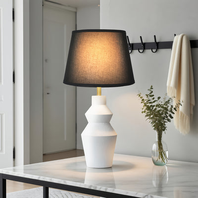 Modern Farmhouse Table Lamp with White Cement Base & Black Linen Shade - Rustic Single Bedside Lamp with Switch, Sturdy for Bedroom, Living Room, Office - Compatible with E27 (Bulb Not Included) - Ideal Housewarming Gift, Min