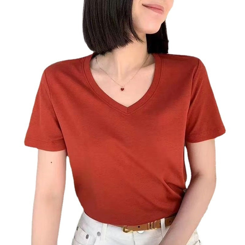 Mulberry Silk Women's Mercerized Cotton T-shirt Fine Solid Color Round Neck Short Sleeves