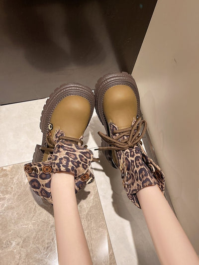 Women's Chunky Platform Lace-Up Boots - Non-Slip Rubber Sole, Round Toe Ankle Boots for Everyday & Formal Outfits - Brown & Black Leopard print boots (Faux Cover/Fabric Upper) - All-Season Casual Shoes, Stylish Footwear, Stur