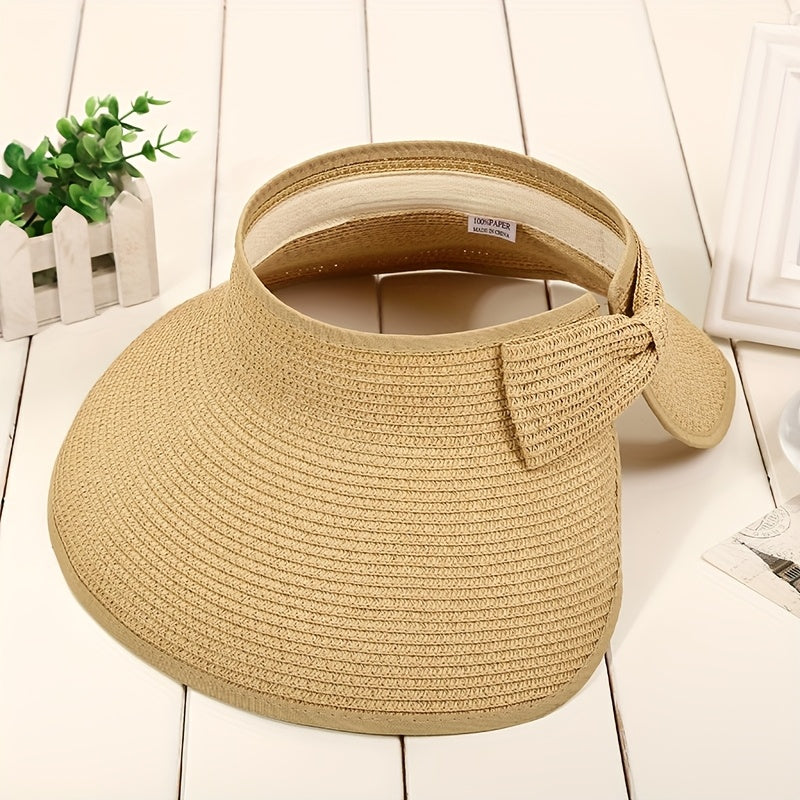 Women'S Summer Sun Hat with Open Top - Wide Brim, Elastic, Breathable Fabric, UV Protection, Foldable & Portable, Korean Fashion, No Feathers, Weave Craftsmanship