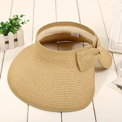 Women'S Summer Sun Hat with Open Top - Wide Brim, Elastic, Breathable Fabric, UV Protection, Foldable & Portable, Korean Fashion, No Feathers, Weave Craftsmanship