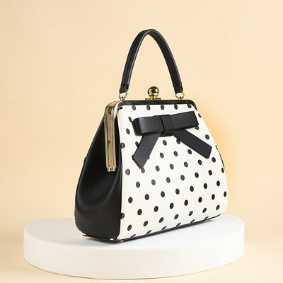 [Elegant Handbag] High Quality Lacquered Handbag | 2024 Autumn New Korean Polka Dot for Women - Kiss Lock Closure, Removable Shoulder Strap & Bow Detail, Glossy Patent Look (Black/White, Bronze, Pink & White) - Perfect for We