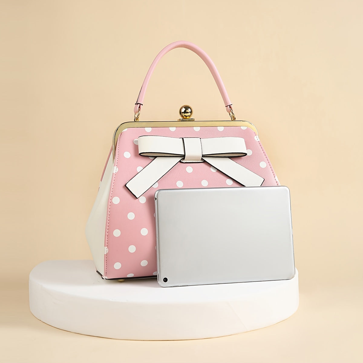 [Elegant Handbag] High Quality Lacquered Handbag | 2024 Autumn New Korean Polka Dot for Women - Kiss Lock Closure, Removable Shoulder Strap & Bow Detail, Glossy Patent Look (Black/White, Bronze, Pink & White) - Perfect for We