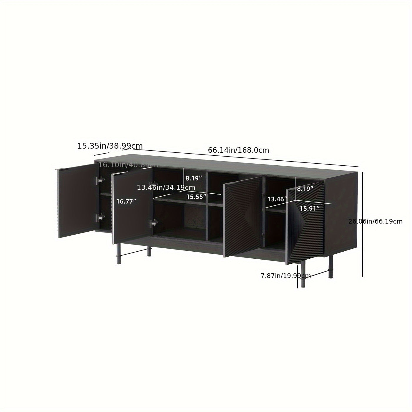 66" Modern TV Stand with Storage Cabinet - Mid-Century Modern Design, Black Artificial Wood & Metal Frame, 3, 2+ Cubic Feet Storage, 27" Height, Fits 55/60/65 Inch TVs, Easy Assembly for Living Room, Tv Table for Living Room,