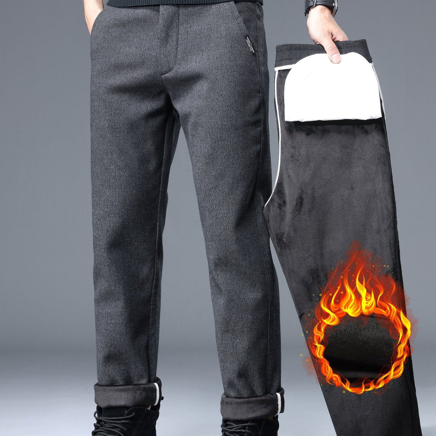 Men's Thermal Padded Slim Fit Trousers, 8891# Winter Woolen Men's Pants, Korean Style Business Casual, Polyester Blend, Regular Length, Zipper Closure, Straight Leg, Mid-Waist, Embroidery Detail, 420gsm