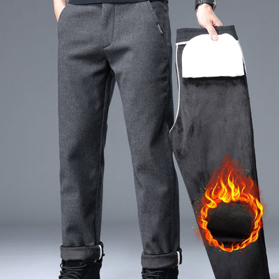 Men's Thermal Padded Slim Fit Trousers, 8891# Winter Woolen Men's Pants, Korean Style Business Casual, Polyester Blend, Regular Length, Zipper Closure, Straight Leg, Mid-Waist, Embroidery Detail, 420gsm