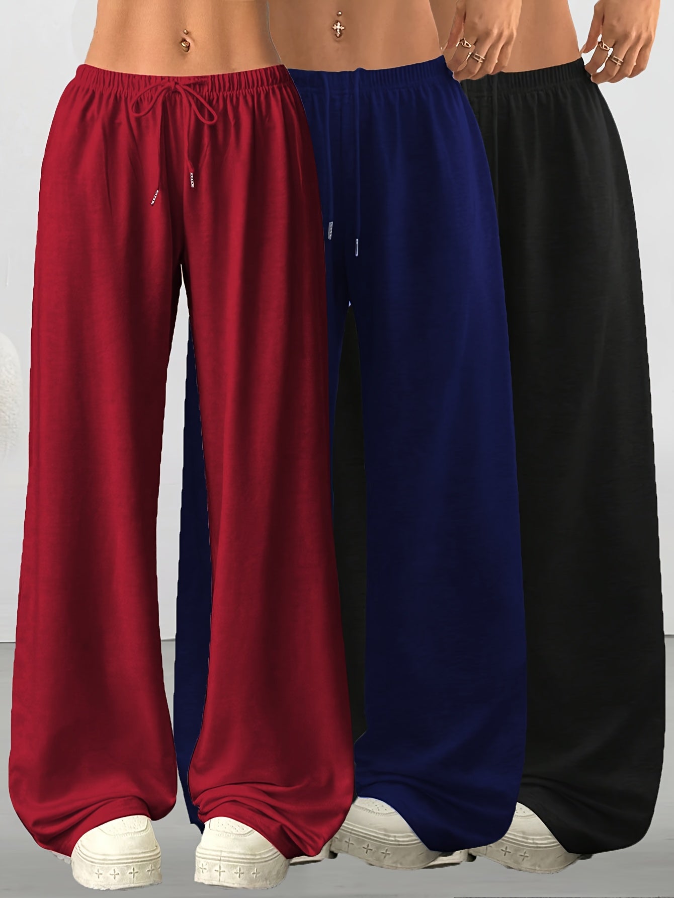 3pcs Women's Casual Wide-Leg Pants, Elastic Waistband - Loose Fit Medium Stretch Fabric, Machine Washable, Spring Summer Autumn Casual Wear, Athletic Joggers