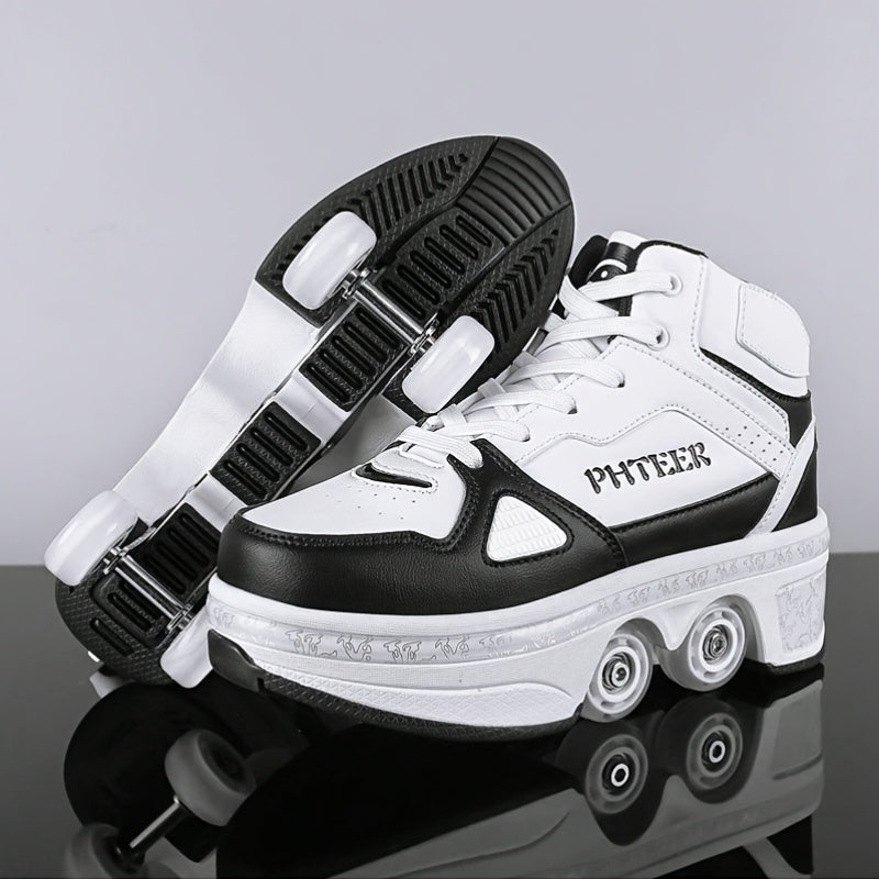 Unisex Roller Skates for Adults & Teens - 4-Wheel Retractable Design, White & Black Checkered Pattern, Synthetic Synthetic Faux Upper, TPR Sole, Lace-Up Closure, All-Season Outdoor Sports & Casual Wear, Roller Skates for Adul