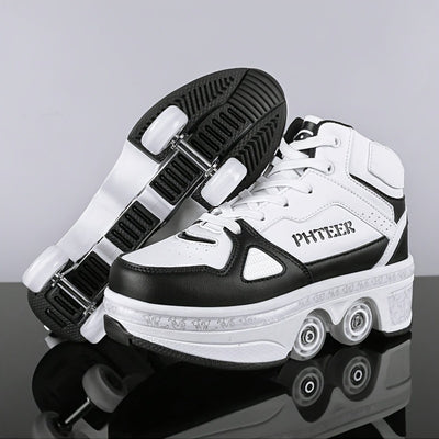 Unisex Roller Skates for Adults & Teens - 4-Wheel Retractable Design, White & Black Checkered Pattern, Synthetic Synthetic Faux Upper, TPR Sole, Lace-Up Closure, All-Season Outdoor Sports & Casual Wear, Roller Skates for Adul