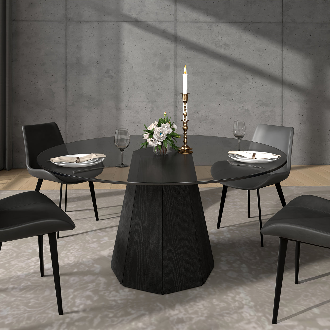Glass Round Dining Table For 6-8, Modern Dining Table 59" Dining Room Table Round Black Glass Top With Solid Base For Kitchen