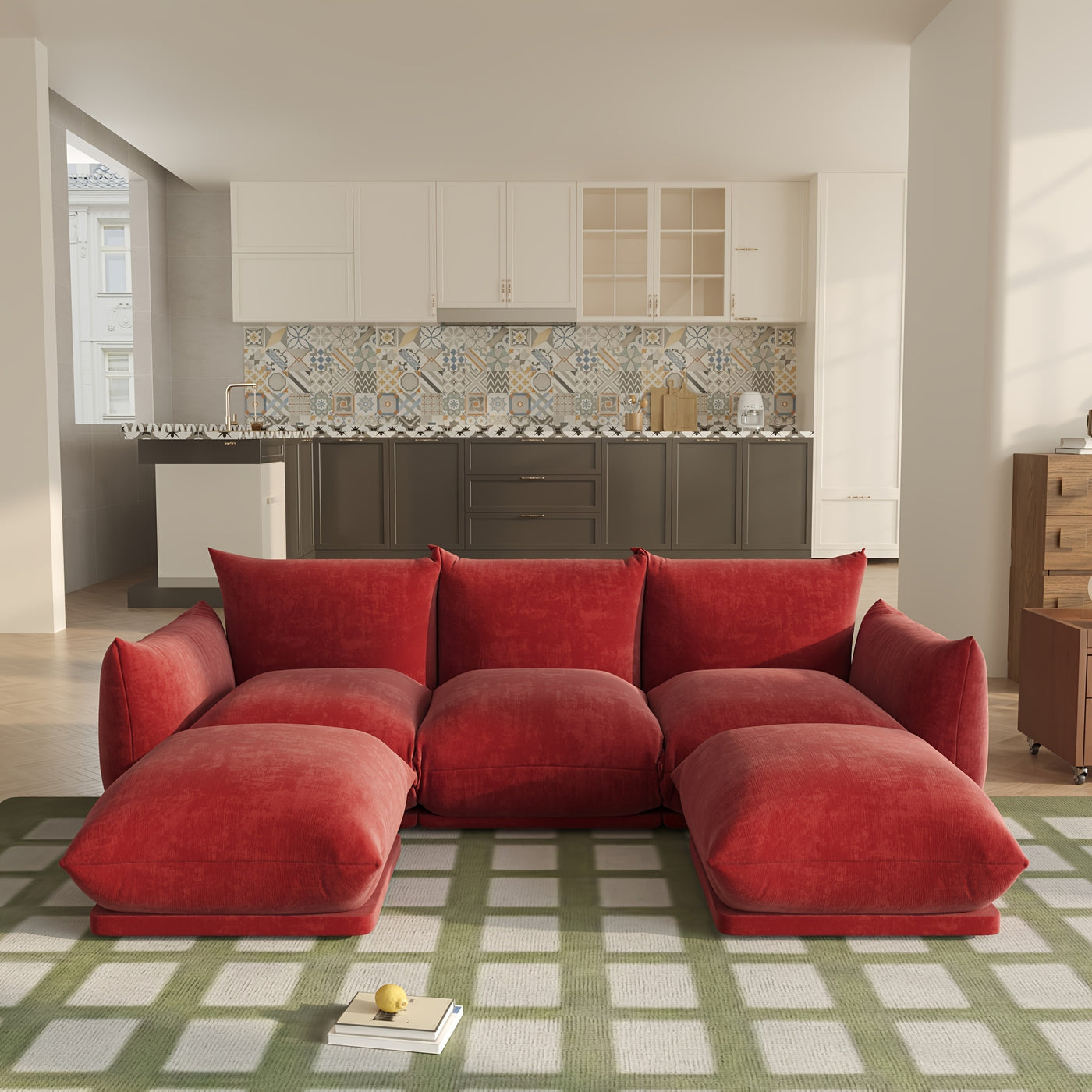 U-Shaped Sectional Sofa, Chenille Minimalist Modular Sofas Couches, 5-Seater Sectionals Couch With Wide Reversible Chaise Ottoman For Living Room Bedroom Office Apartment