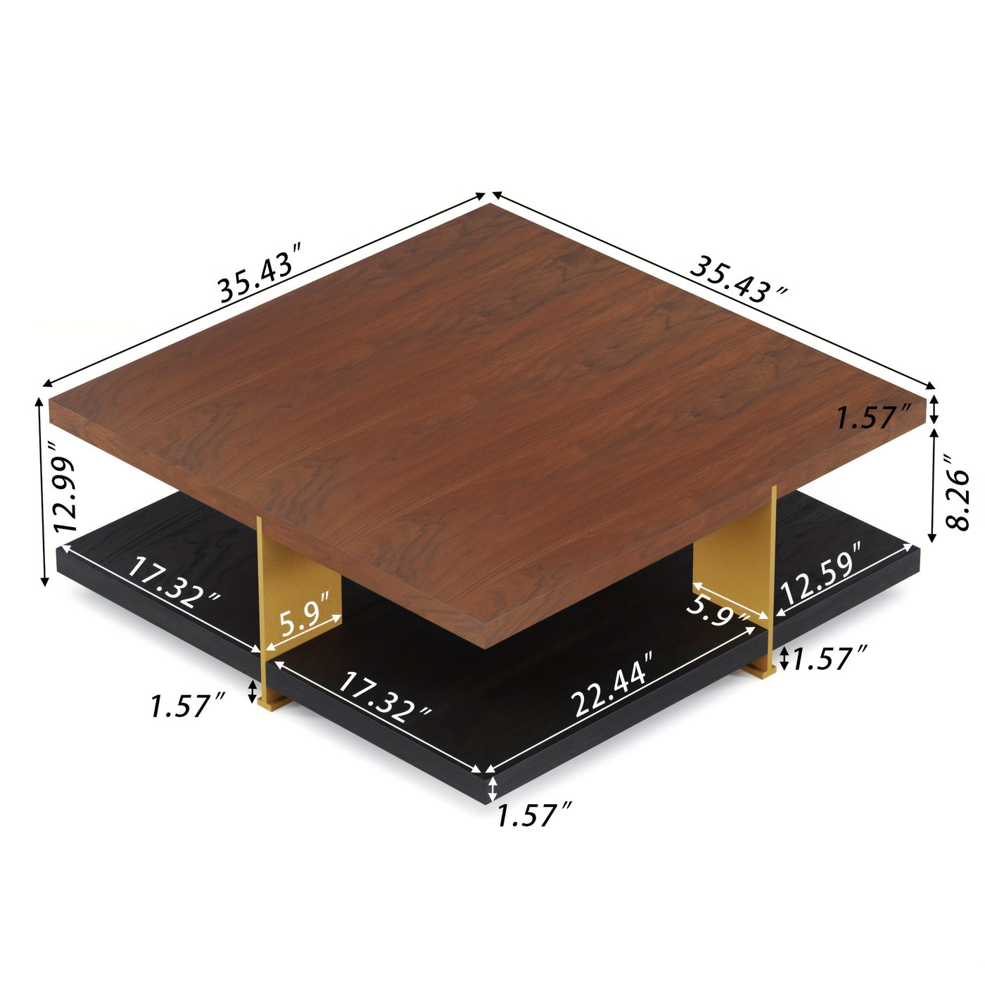 Wood Coffee Table - Mid Century Modern Square Coffee Table With Storage Shelf, 2-Tier Coffee Table Center Table For Living Room Office Apartment, 35.43"