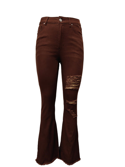 1pc Bohemian High-Waisted Ripped Flare Jeans for Women, Slim Fit, Brown Solid Denim, Frayed Hem, Casual Fashion, Korean Style, American-Inspired, All-Season, Woven, Washed, 68. 3%, 30. 2%, Spandex 1. 5%