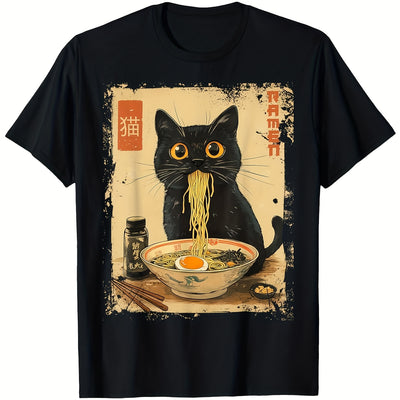 180g Cat Ramen Japanese Funny Graphic Tees Kawaii Cat Anime Gifts T-Shirt