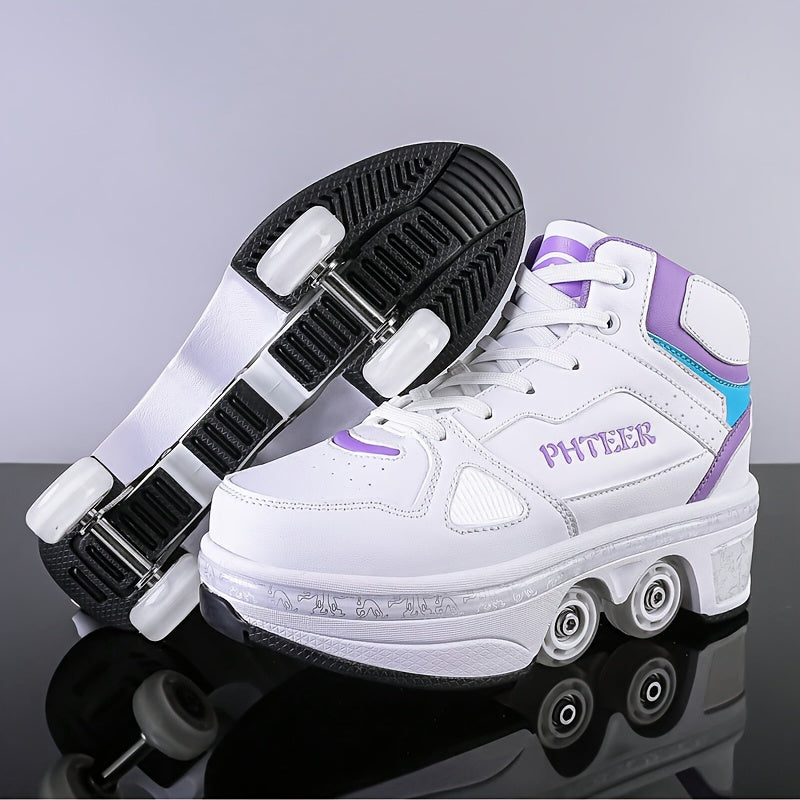 Unisex Roller Skates for Adults & Teens - 4-Wheel Retractable Design, White & Black Checkered Pattern, Synthetic Synthetic Faux Upper, TPR Sole, Lace-Up Closure, All-Season Outdoor Sports & Casual Wear, Roller Skates for Adul