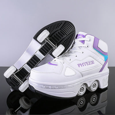 Unisex Roller Skates for Adults & Teens - 4-Wheel Retractable Design, White & Black Checkered Pattern, Synthetic Synthetic Faux Upper, TPR Sole, Lace-Up Closure, All-Season Outdoor Sports & Casual Wear, Roller Skates for Adul