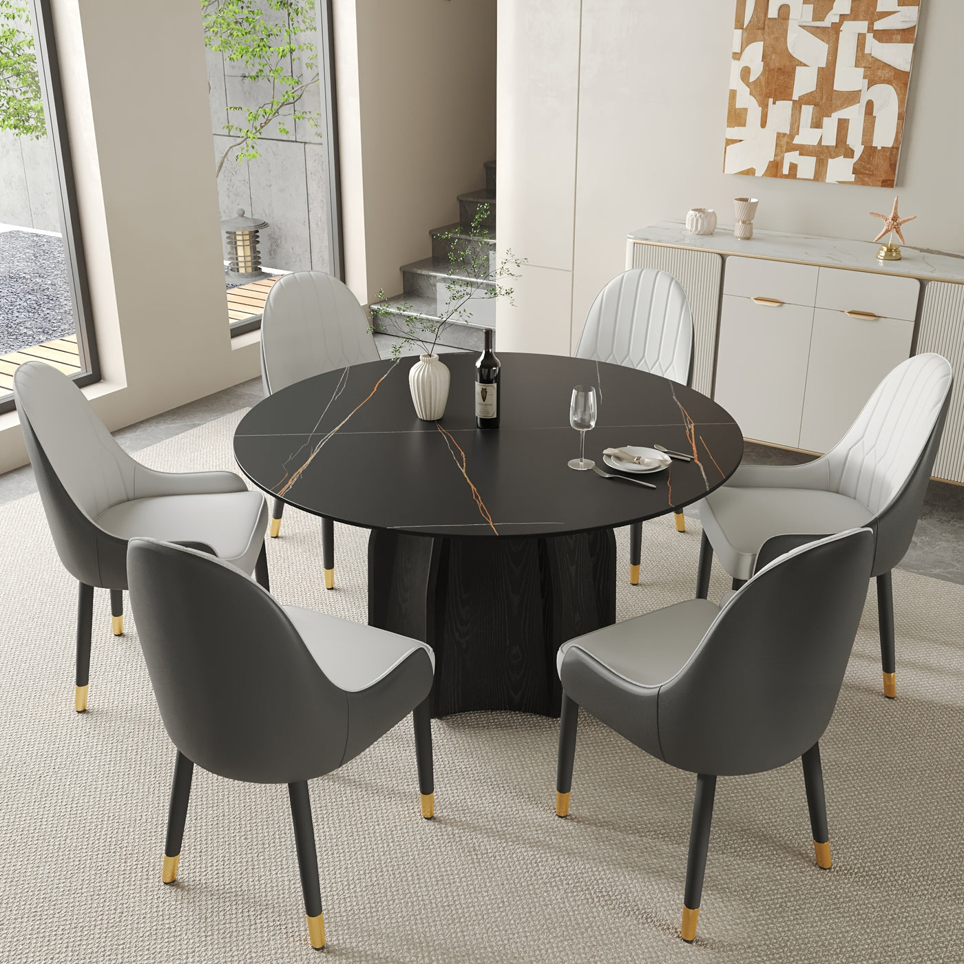 Modern Black Marble Round Dining Table with Lazy Susan - Glossy Sintered Stone Finish, Unique Metal Legs, Seats 4-6, Perfect for Kitchen or Dining Room, Elegant and Functional Design