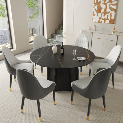 Modern Black Marble Round Dining Table with Lazy Susan - Glossy Sintered Stone Finish, Unique Metal Legs, Seats 4-6, Perfect for Kitchen or Dining Room, Elegant and Functional Design