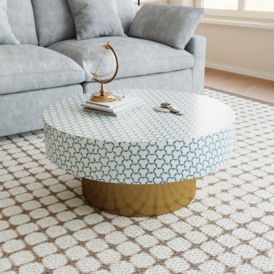 32.5" Round Coffee Table with 2 Large Drawers - Mid-Century Modern Living Room Center Table, Heavy-Duty Metal Construction, Easy Assembly, Golden Accent base for Small Spaces, Apartments, Offices - Space-Saving Storage Organi