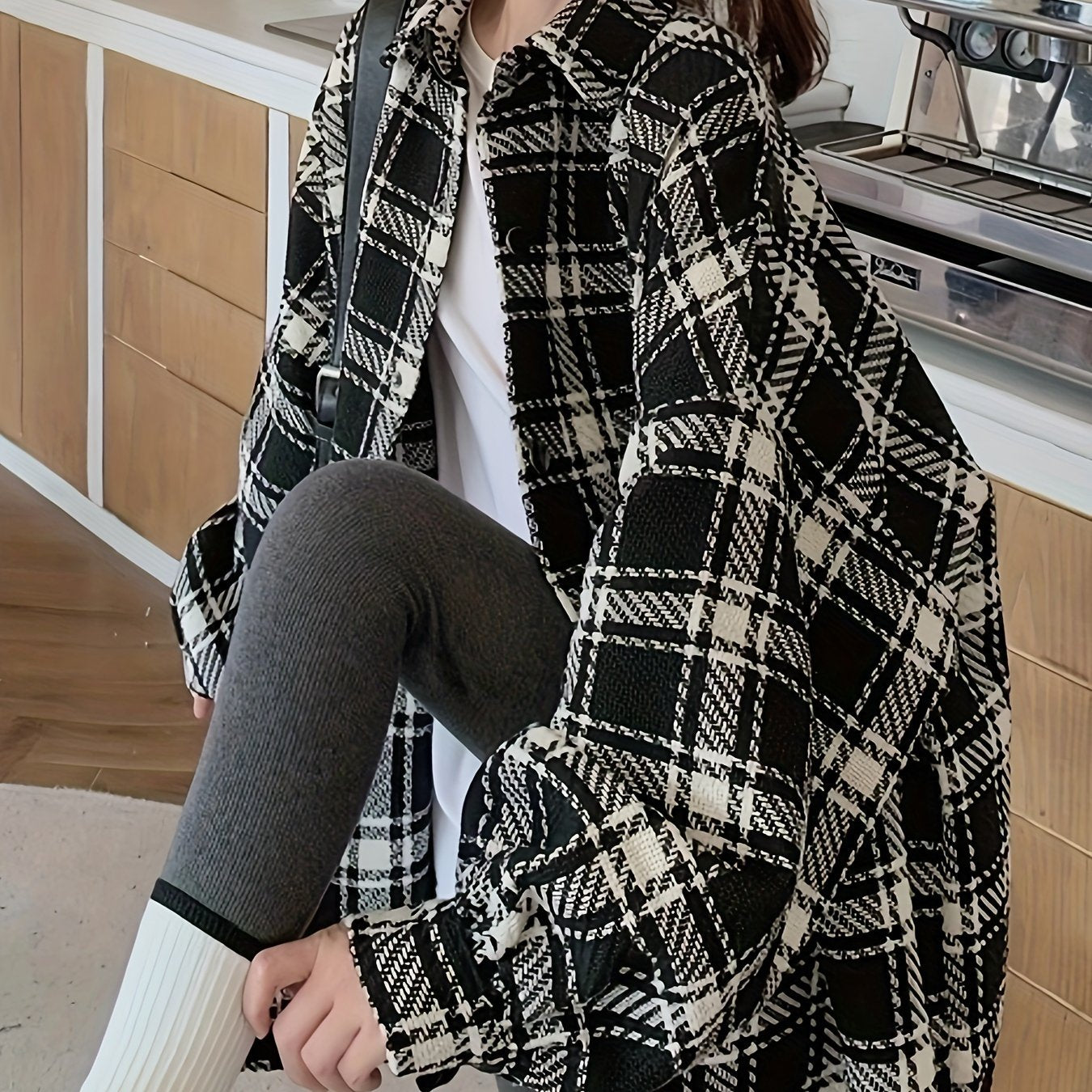 Women's Plus Size Plaid Shirt, Polyester Blend, Button-Down, Non-Stretch, Seasonal, Casual Top, Oversized, Korean Style, Checkered Pattern, Woven Fabric