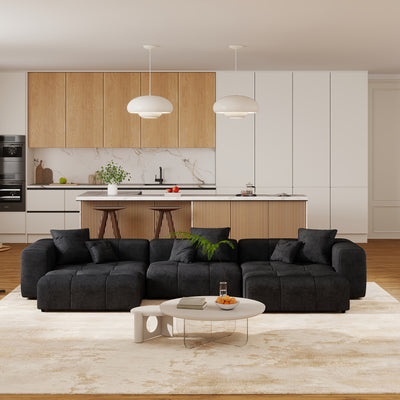 144" Modern White Linen Modular Sectional Sofa with 2 Ottomans - 3-Seater L-Shaped or U-Shaped Configurations, Plush Cushioned Deep Seat, Hardwood Frame & Chenille Fabric, Removable Washable Cover, Neutral-Toned Living Room C