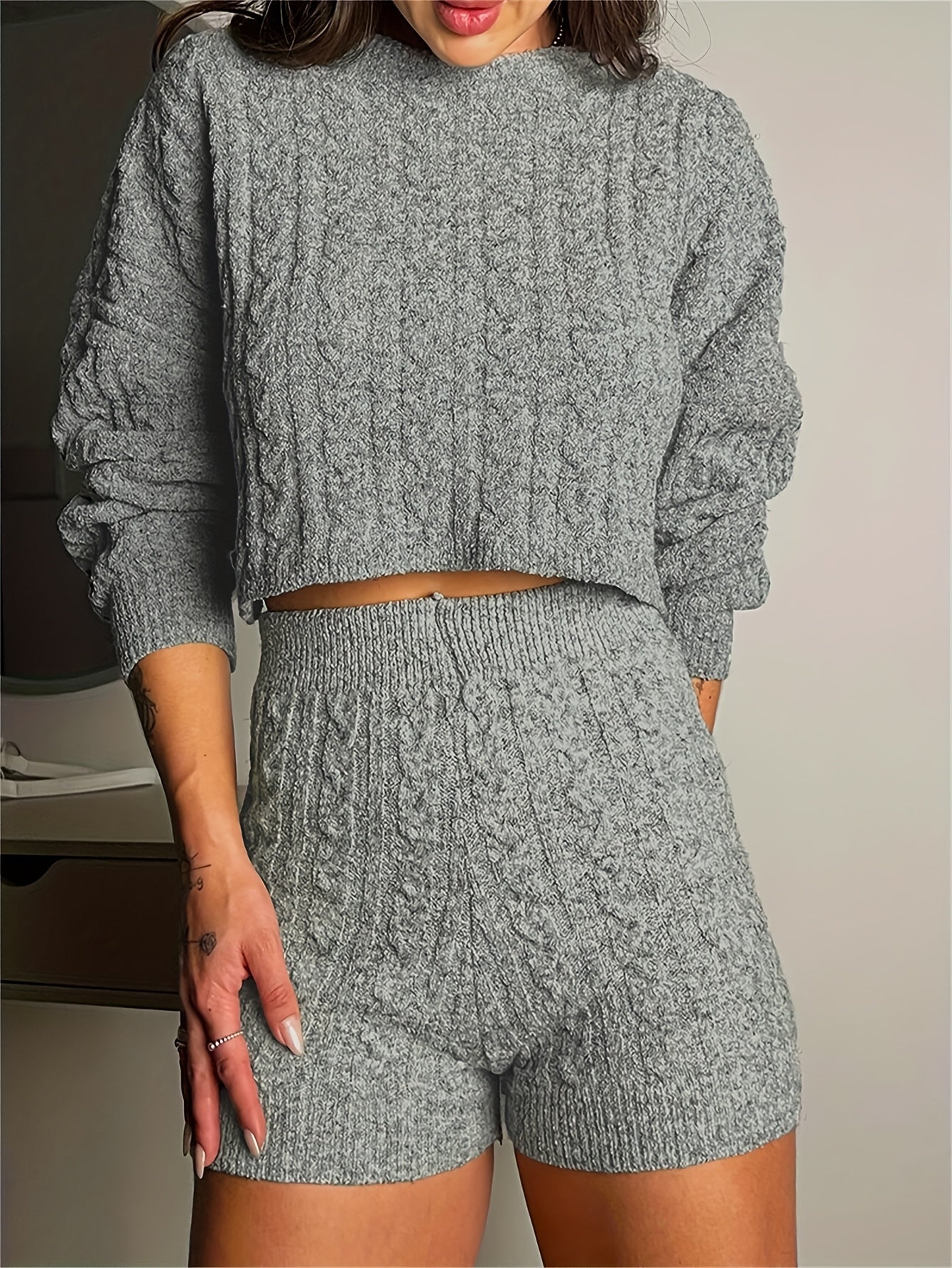A Two-Piece Set Featuring a Round-Neck Long-Sleeve Cable- Cropped Sweater And High-Waisted Shorts for .