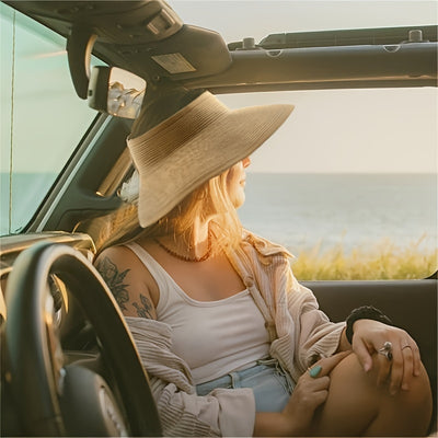 Women'S Summer Sun Hat with Open Top - Wide Brim, Elastic, Breathable Fabric, UV Protection, Foldable & Portable, Korean Fashion, No Feathers, Weave Craftsmanship