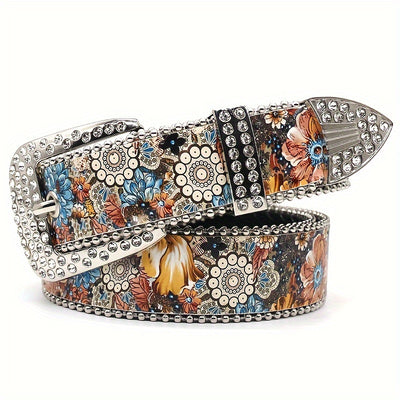 Vintage Boho Floral Print Skull Belt - Y2K Street Style with Pin Buckle, Rhinestone Accents, Waistband for Jeans, Dresses & Pants, Wedding & Casual Attir